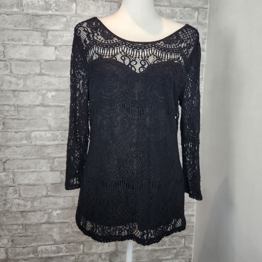 Adrianna Papell Black Lace Top Sheer Long Sleeve Romantic Whimsigoth Classic L